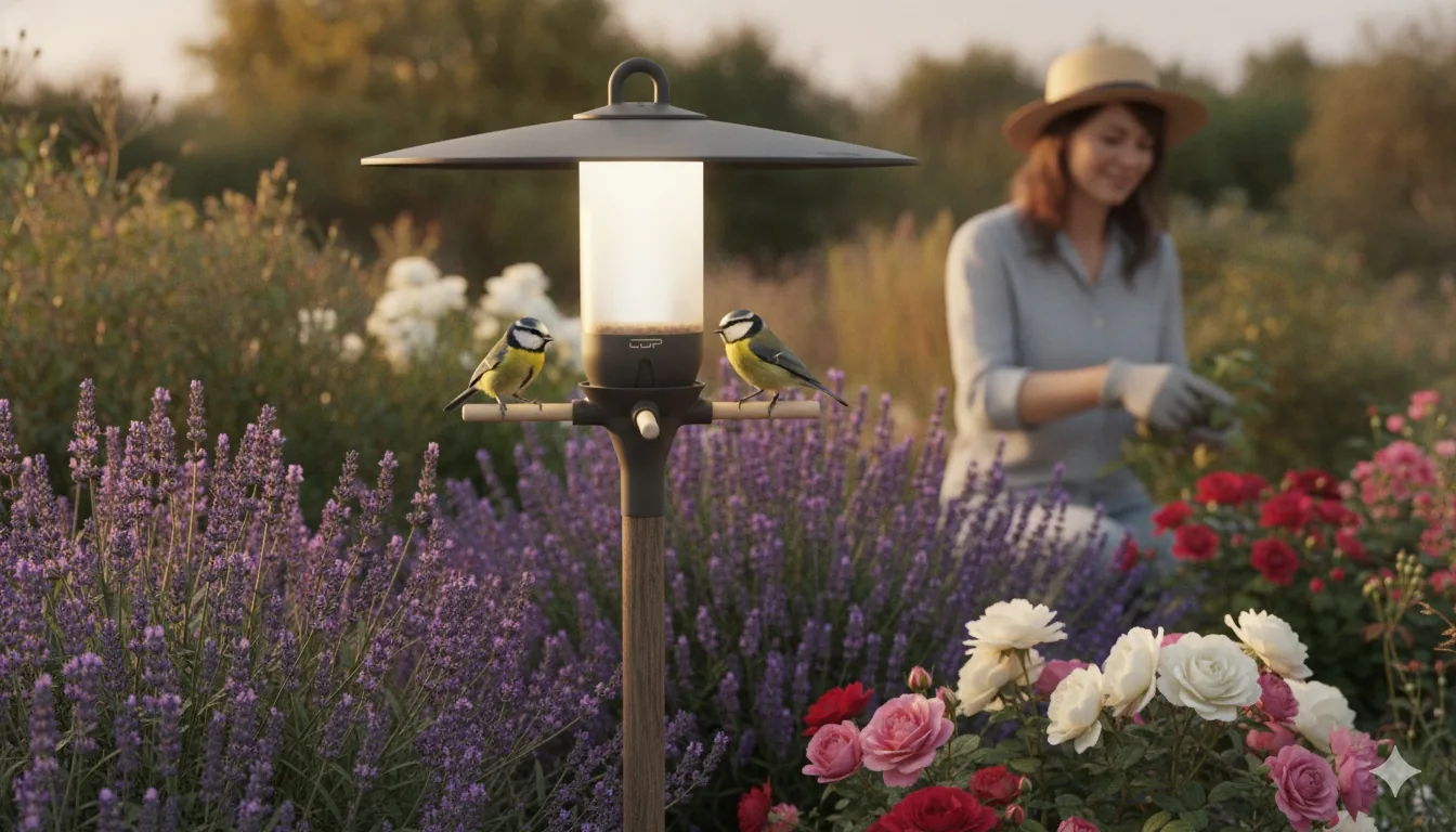 NIDOVA LUMO im Garten zwischen Lavendel und Rosen, mit Blaumeisen an den Sitzstangen — KI-generierte Darstellung