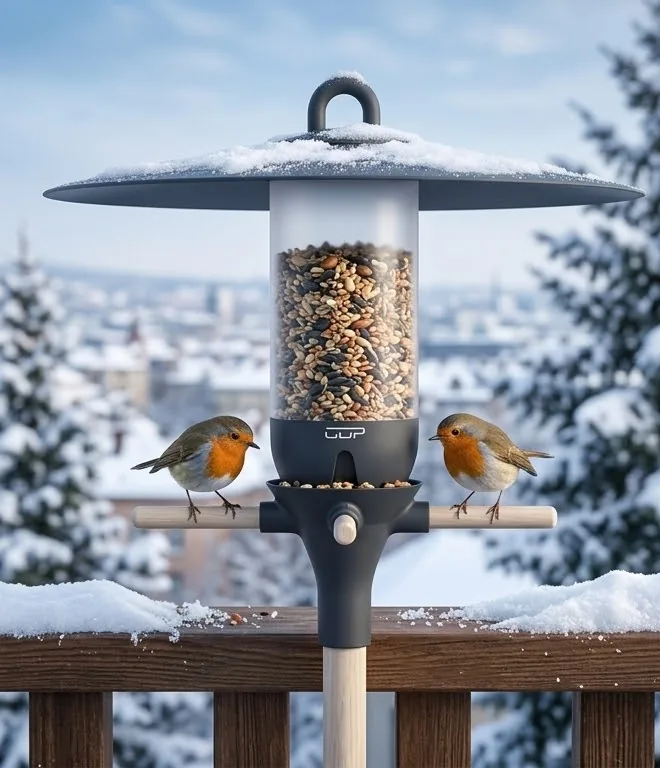 NIDOVA LUMO im Winter mit Schnee, zwei Rotkehlchen an der Futterstelle — KI-generierte Darstellung